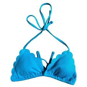 aerie Textured Scalloped String Bikini Swim Top Sz Small Womens Blue Padded Ties